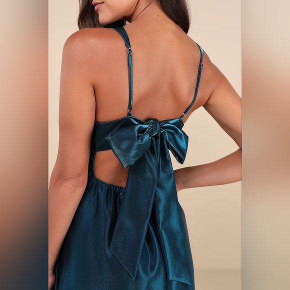 Lulus Immaculate Aura Shiny Dark Teal Taffeta Maxi Dress With Pockets S Wedding - Picture 6 of 11